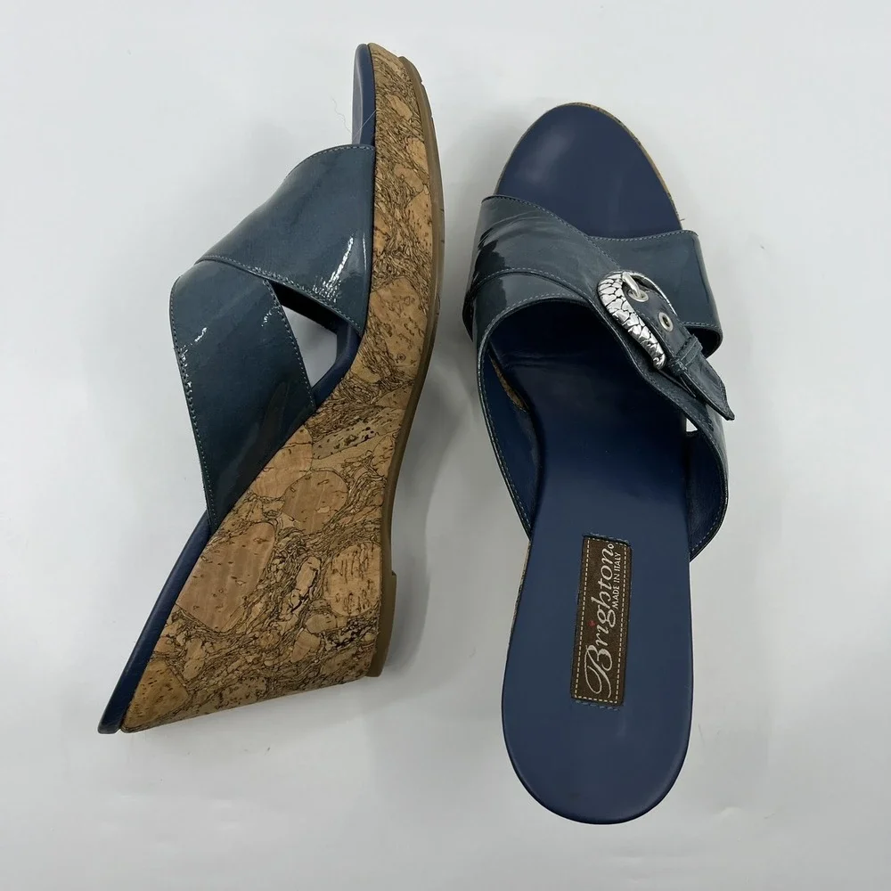 Brighton Summer 199 Italy Blue Patent Cork Wedge Sandals Women‎ 10